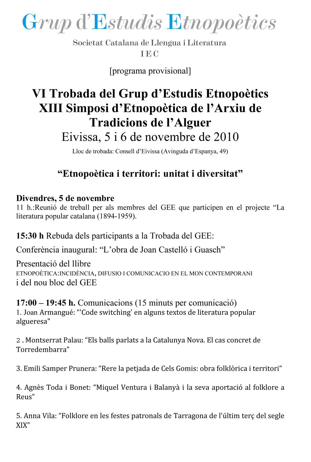 Programa VI Trobada GEE provisional